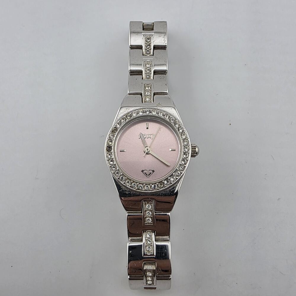 Vintage Roxy RX1090 Pink Dial Rhinestone Quartz Watch Womens Stainless Steel
